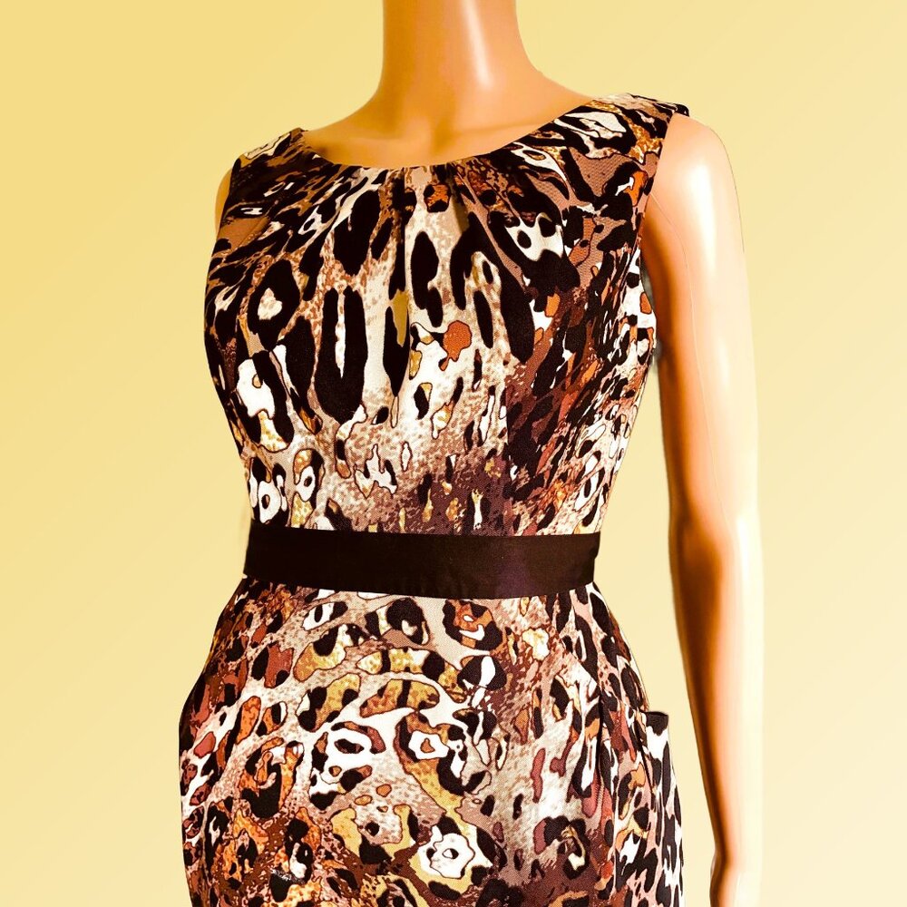 Animal Print Satin Brown Beige Black Sleeveless Sheath Dress Sz 6P - Picture 2 of 4